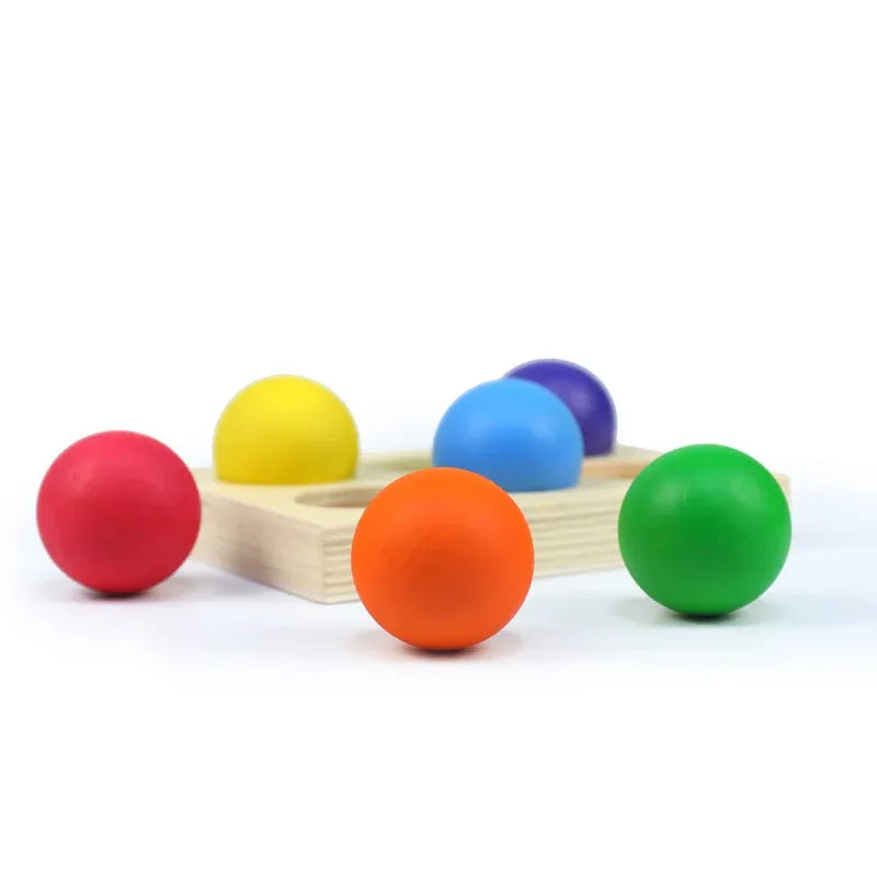 12 Pcs Rainbow Wooden Balls with Tray – Primary Colors (1.4” Diameter) - BIG FRENCHIES