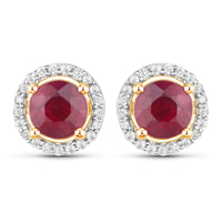 1.22 Carat Genuine Ruby and White Diamond 14K Yellow Gold Earrings