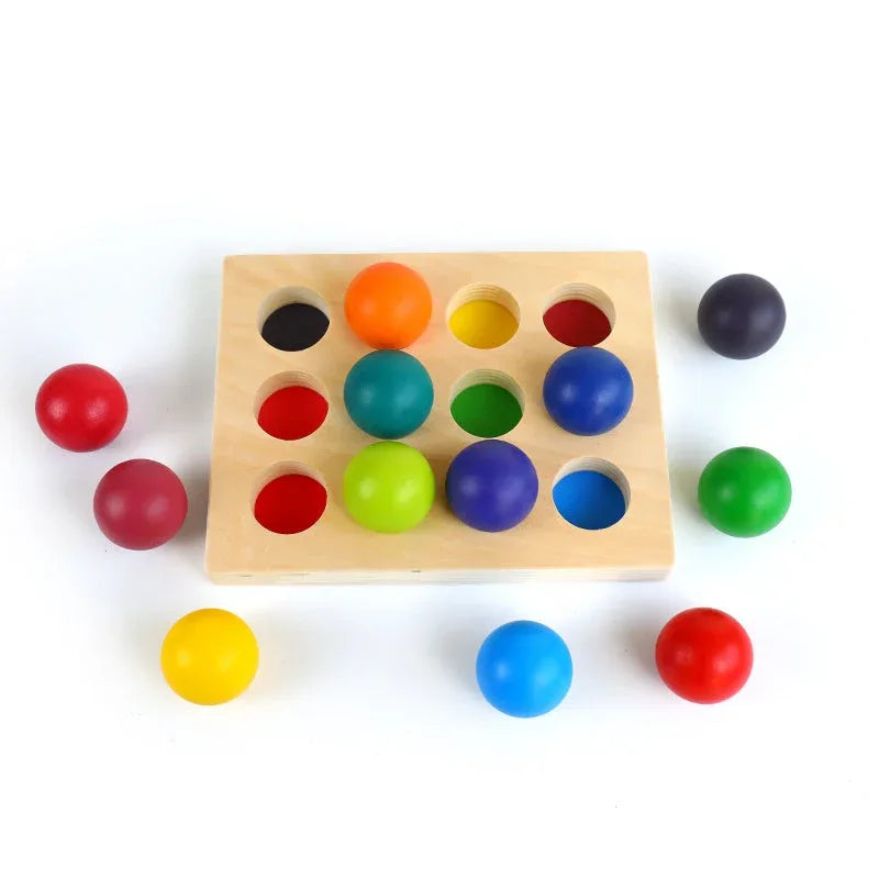 12 Pcs Rainbow Wooden Balls with Tray – Primary Colors (1.4” Diameter) - BIG FRENCHIES