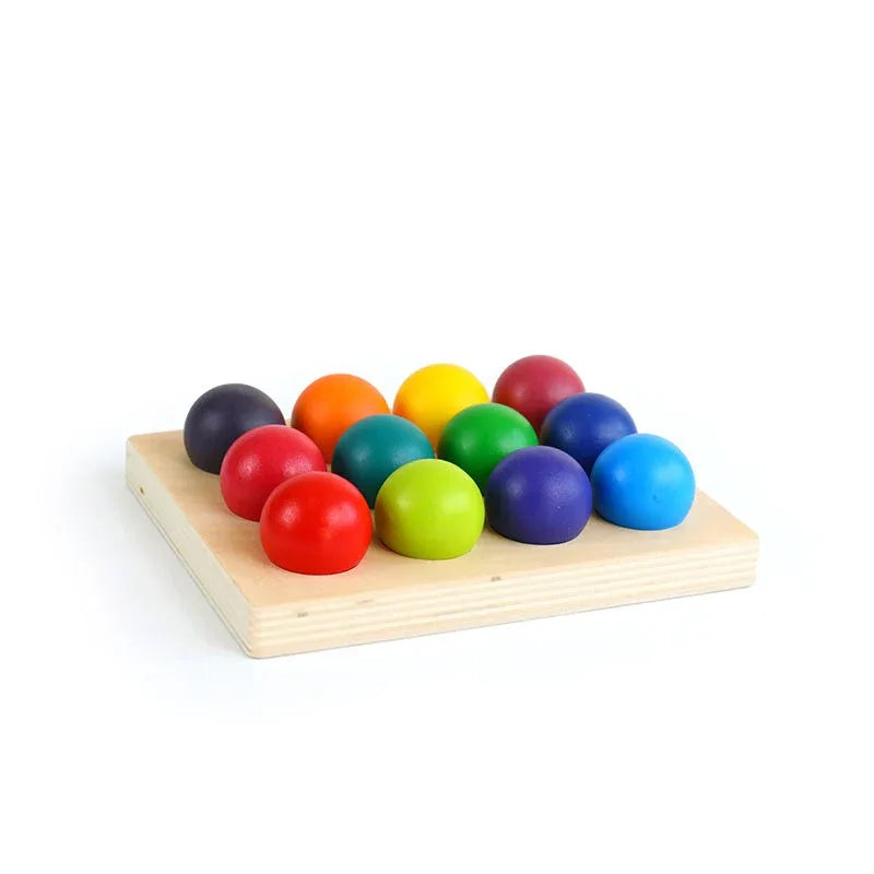 12 Pcs Rainbow Wooden Balls with Tray – Primary Colors (1.4” Diameter) - BIG FRENCHIES