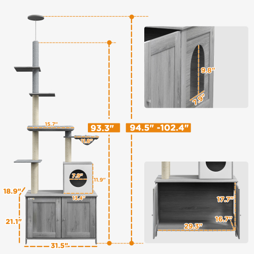 PawHut Cat Tree With Litter Box Enclosure, 2 In 1 Floor To Ceiling Cat Tower Litter Box Furniture With Condo, Bed, Hammo