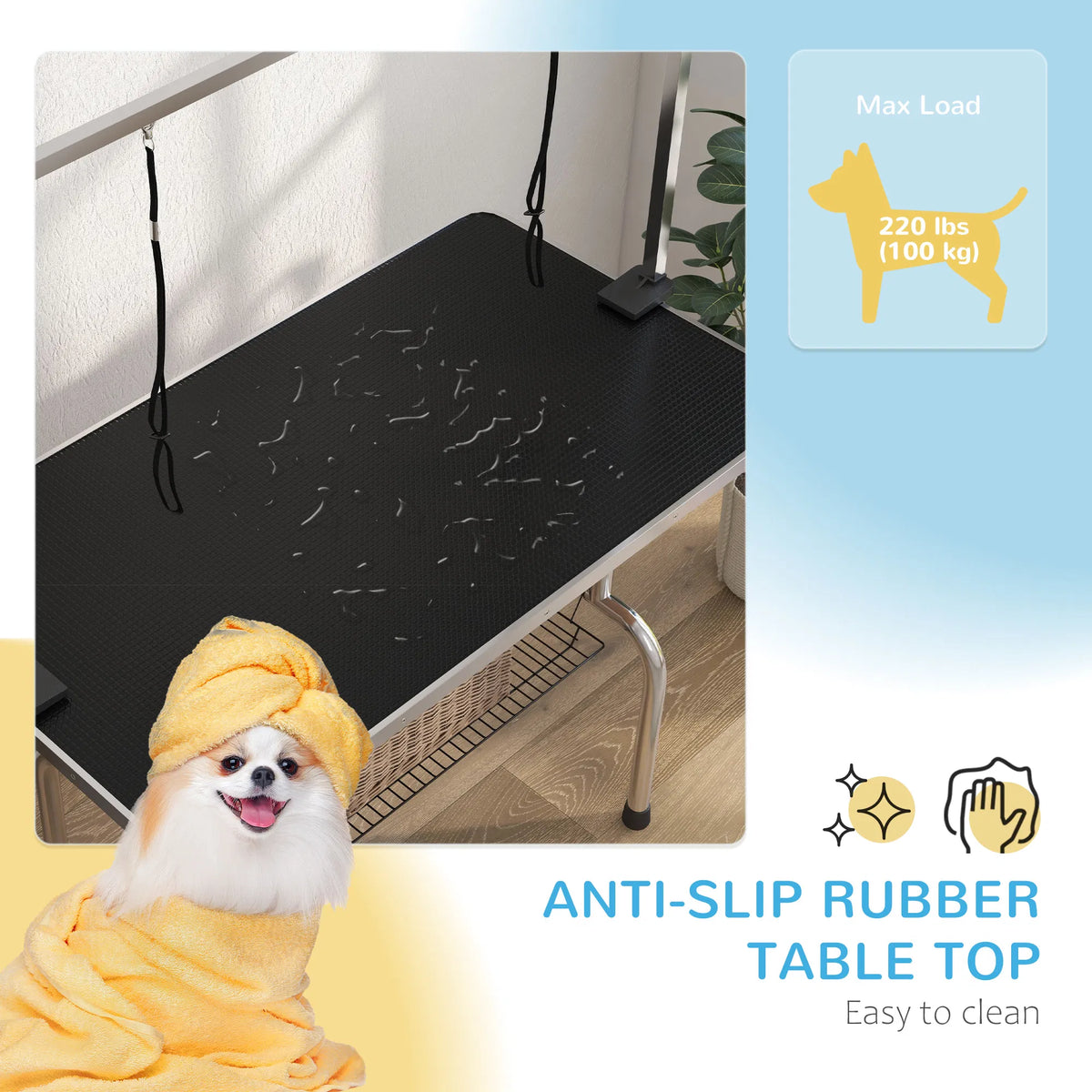 Adjustable Dog Grooming Table with 2 Safety Slings, Storage Basket, Black