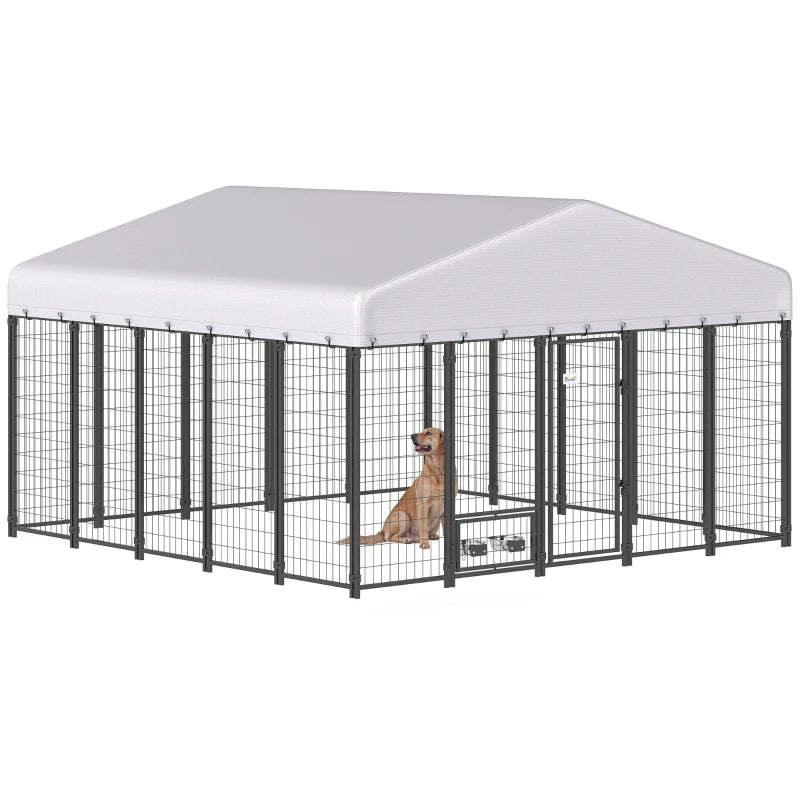 9.8' X 9.8' X 6'Outdoor Dog Kennel, Dog Kennel Outside Run With 360 Rotating Bowls, Waterproof & UV Resistant CoverMulti