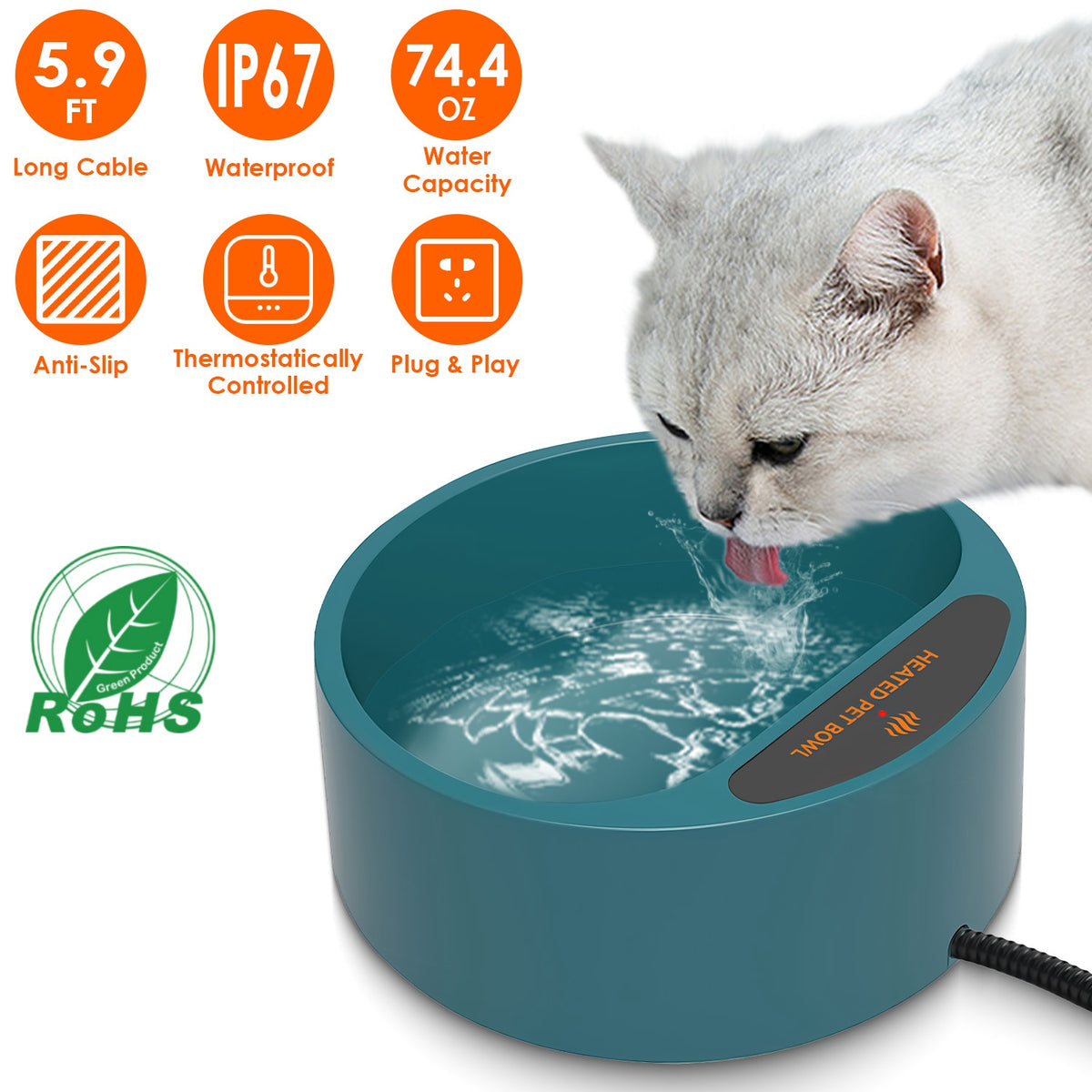 1Pc Heated Water Bowl For Dog Cat 74.4OZ Heating Water Dish IP67 Waterproof Thermal Water Bowl Heated Pet Bowl Dog Cat W