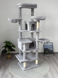 68in Tall Multi-Level Green Cat Tree with Hammocks, Hanging Basket, Cat Cave, Removeable Cushion, Scratching Posts - Plu
