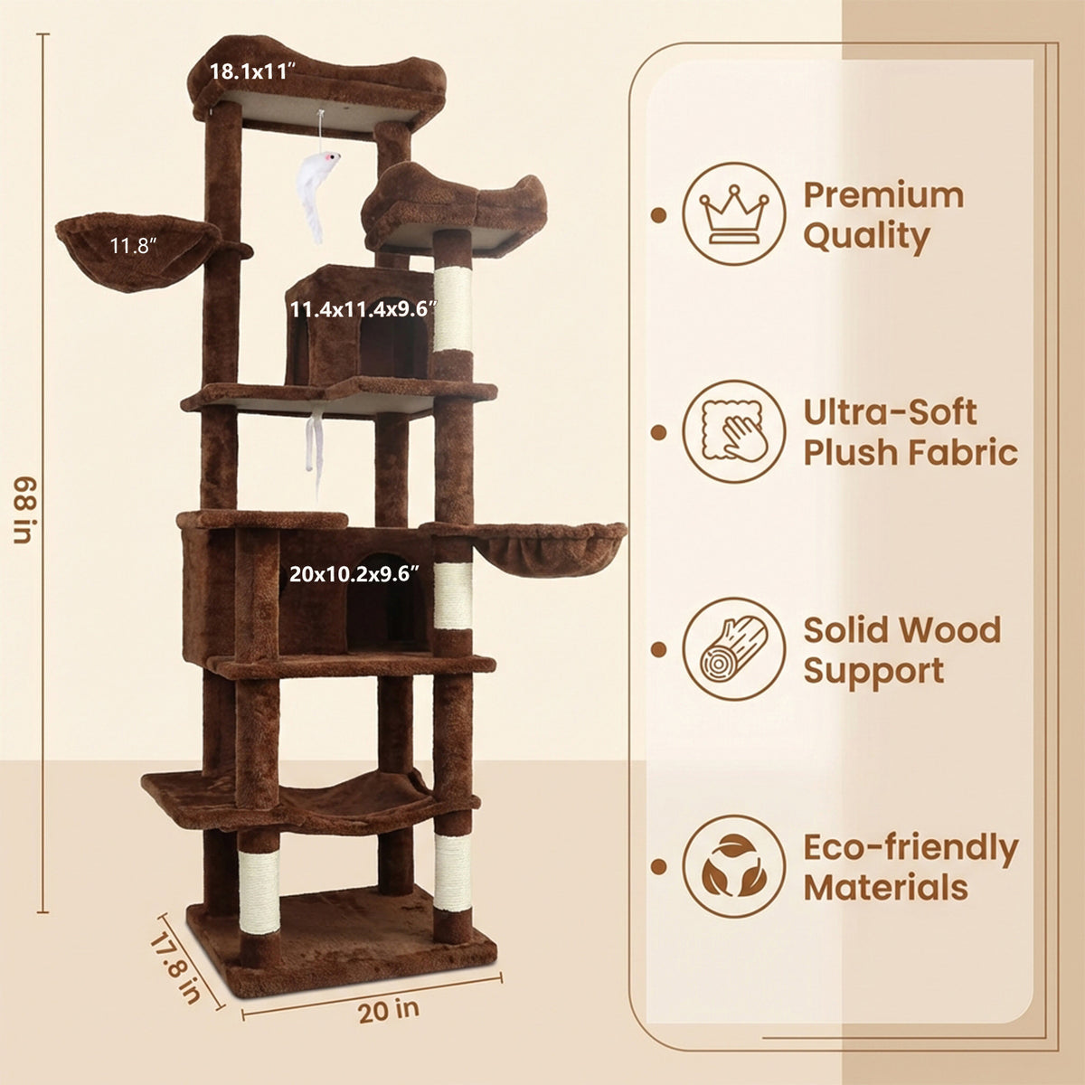 68in Tall Multi-Level Green Cat Tree with Hammocks, Hanging Basket, Cat Cave, Removeable Cushion, Scratching Posts - Plu