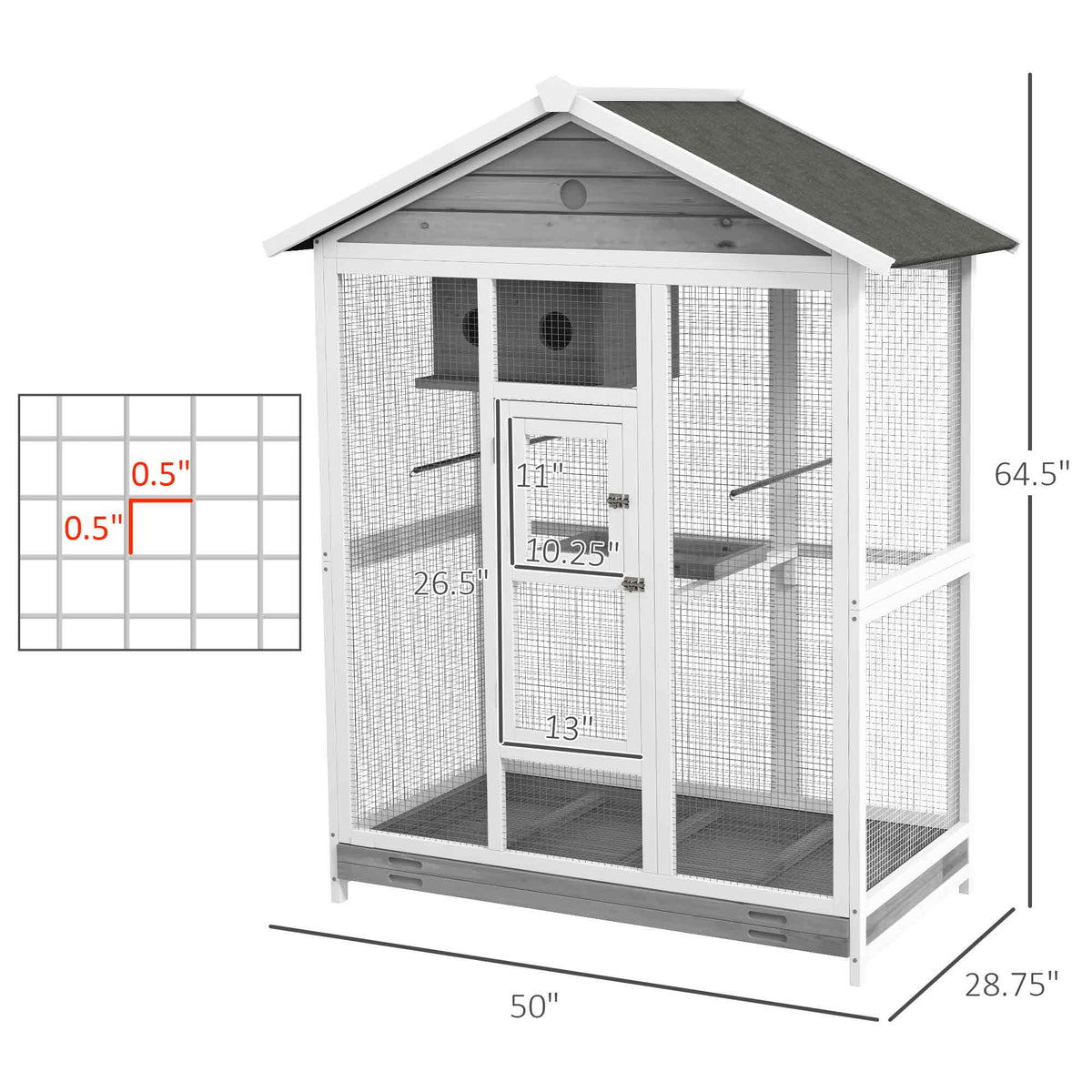 64.5" Wooden Bird Cage Aviary, Flight Cage with 4 Perches, Nest and Slide-Out Tray for Indoor/Outdoor, Gray