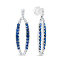 18K White Gold 1.11 Cttw Blue Round Diamond and Blue Sapphire Openwork Oval Shaped Dangle Earrings (F-G Color, VS1-VS2 Clarity)