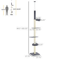 Floor To Ceiling Cat Tree, 5-Tier Cat Climbing Tower, 95-106 Height Adjustable with Carpeted Platforms, Cozy Bed, Hammoc