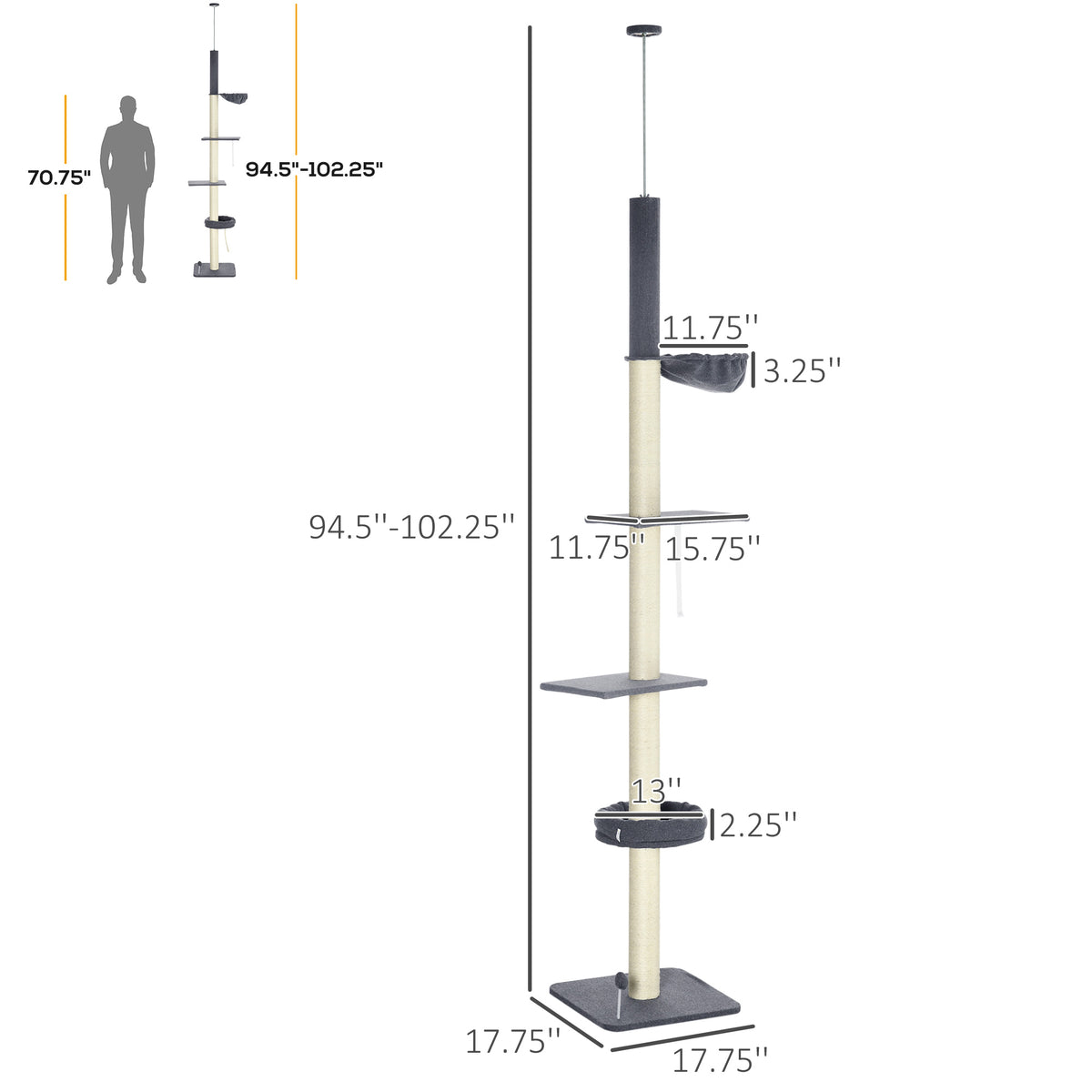 Floor To Ceiling Cat Tree, 5-Tier Cat Climbing Tower, 95-106 Height Adjustable with Carpeted Platforms, Cozy Bed, Hammoc