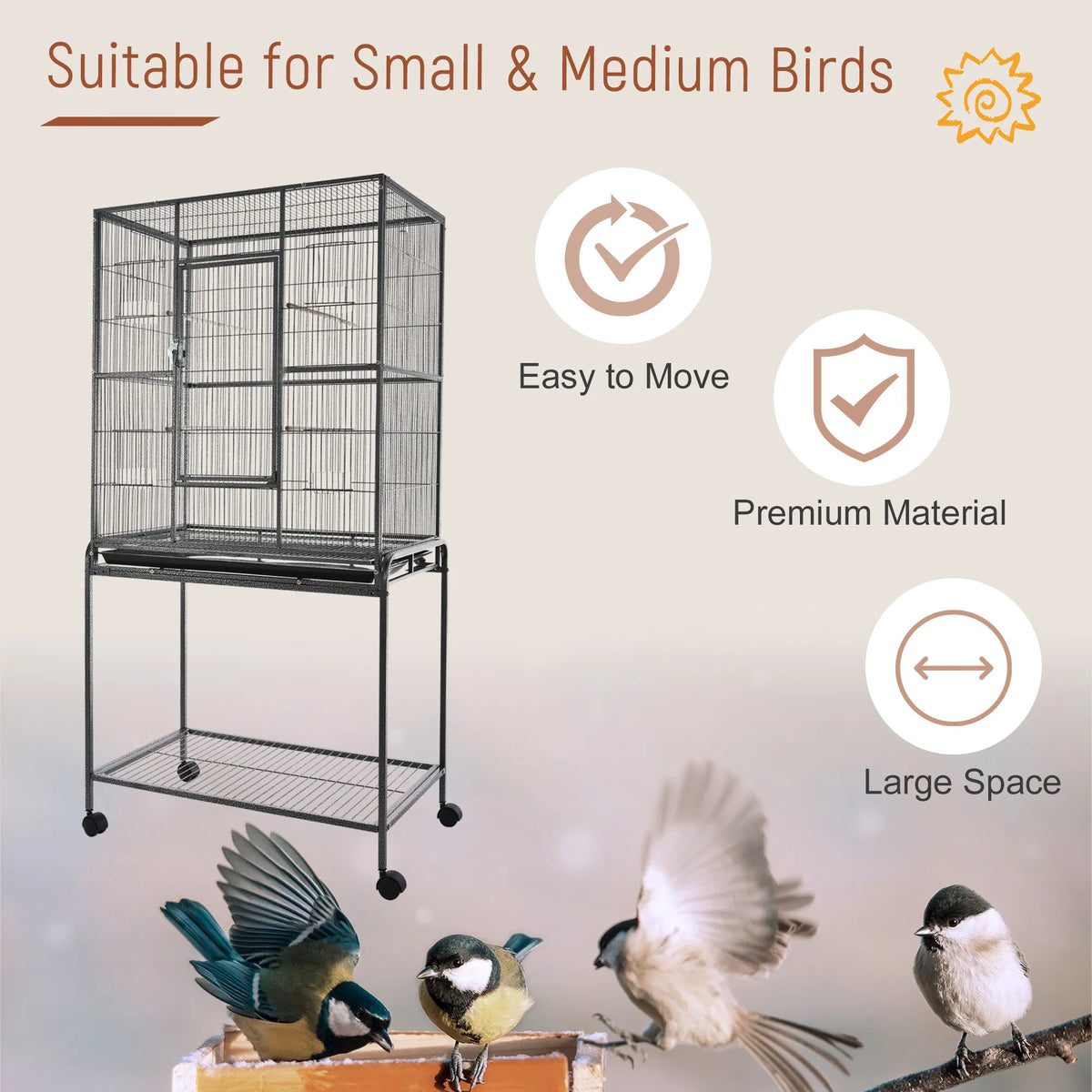 30'' Large Rolling Metal Bird Cage Bird House with Detachable Rolling Stand, Storage Shelf, Wood Perch Food Container - 