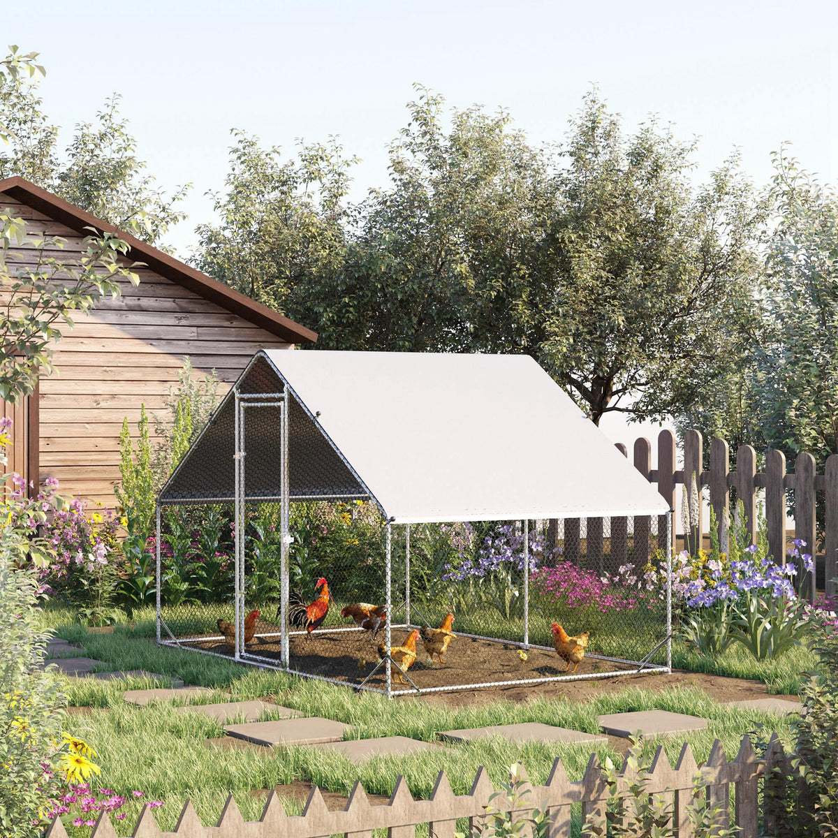 Large Chicken Coop Metal Chicken Run with Waterproof and Anti-UV Cover, Spire Shaped Walk in Fence Cage Hen House for Ou