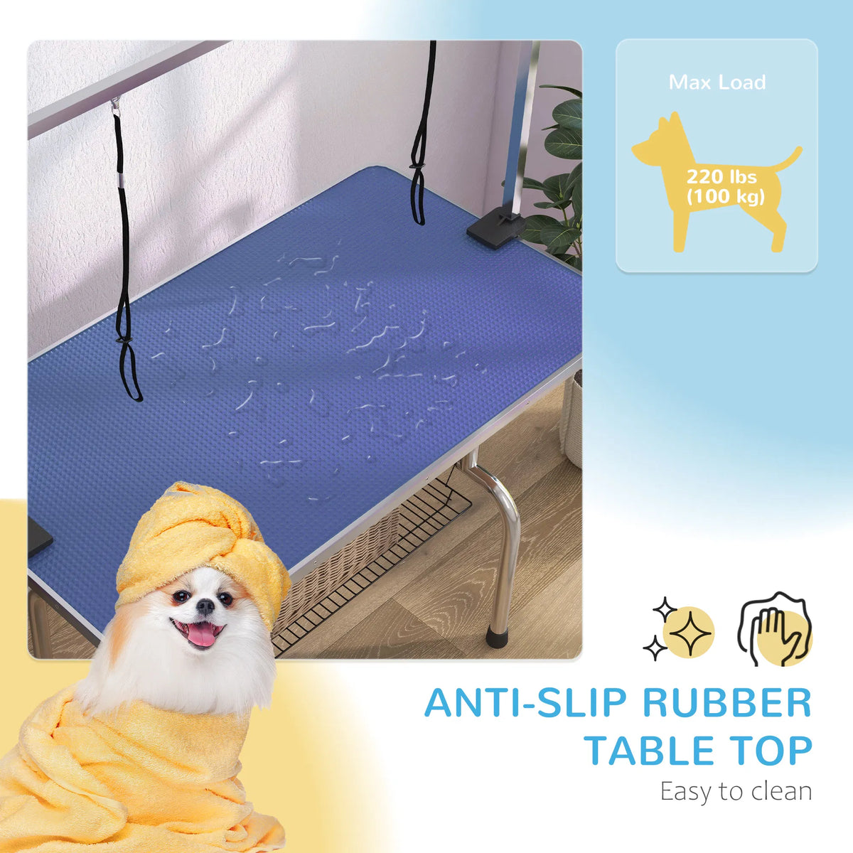 Adjustable Dog Grooming Table with 2 Safety Slings, Storage Basket, Blue