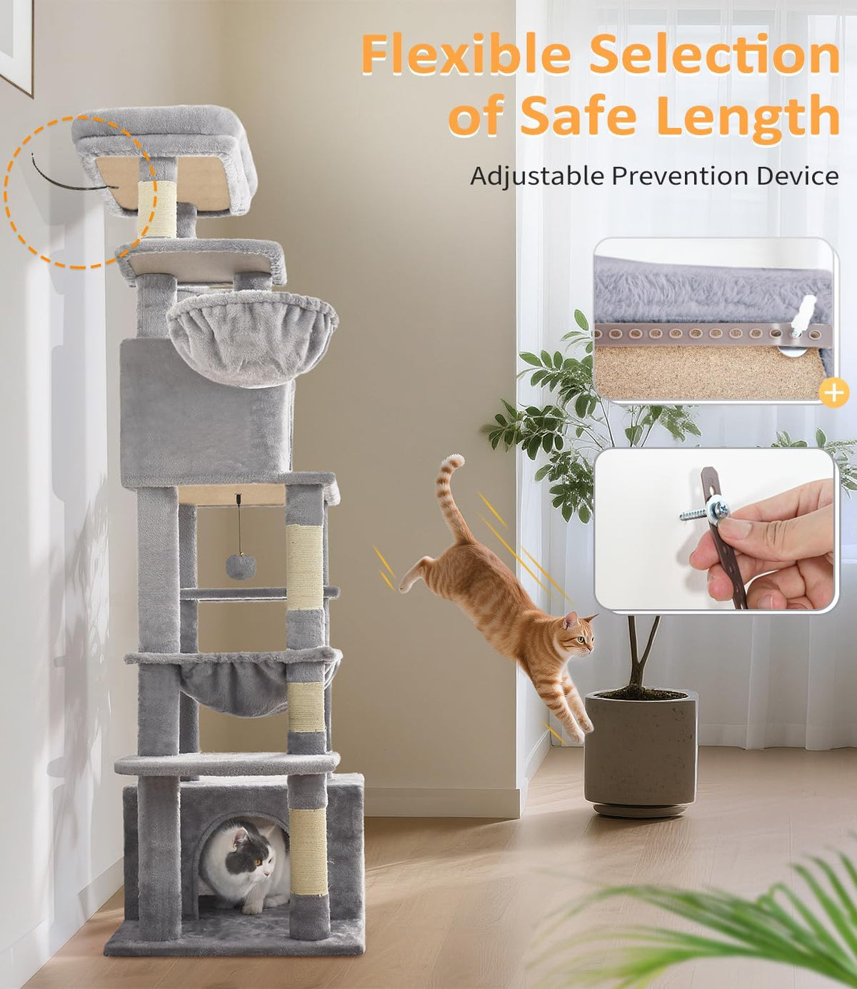 ABCPET Large Cat Tree, Cat Tower, Multi-Tier, Indoor Cat, Sisal Scratching Post, Widened Cat Perching Post, Square Hammo