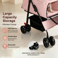 Foldable Pet Stroller for Small Dogs and Cats Under 28 lbs with Multi-Functional Tray, 2 Safety Leashes, Storage Basket 