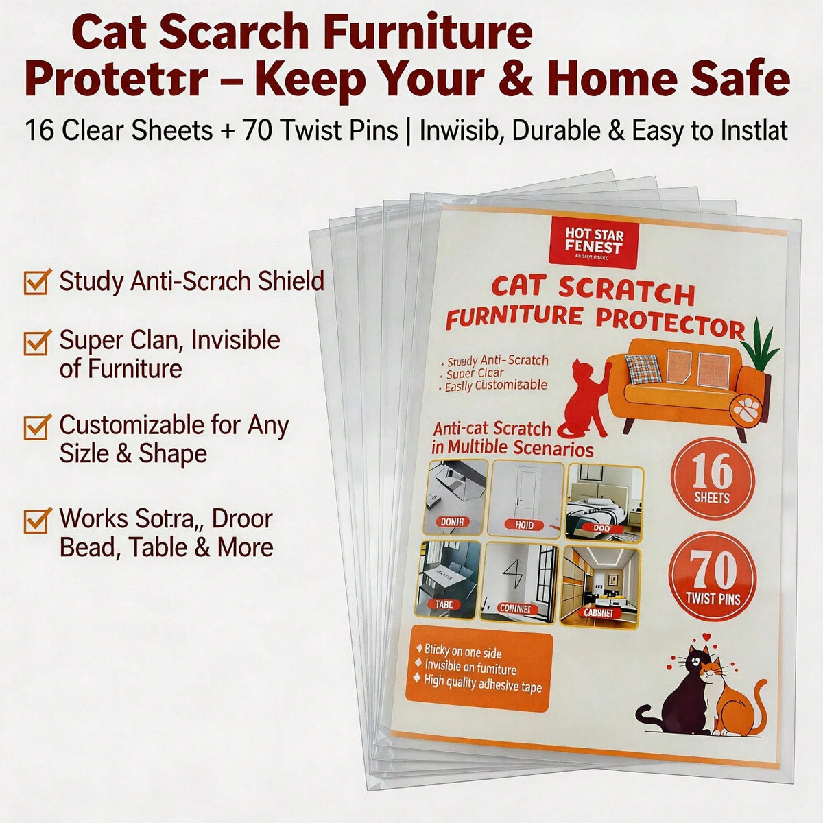 Cat Scratch Furniture Protector Set 16 Clear Sheets, Incldes 8 Sheets Of 279 358mm And 8 Sheets Of 140 358mm, 70 Twist P