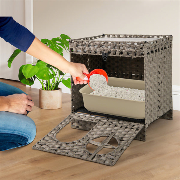 2-Tier Wicker Cat Condo With Litter Mat - Hidden Litter Box Enclosure, Detachable Washable Cushion, Gray Rattan