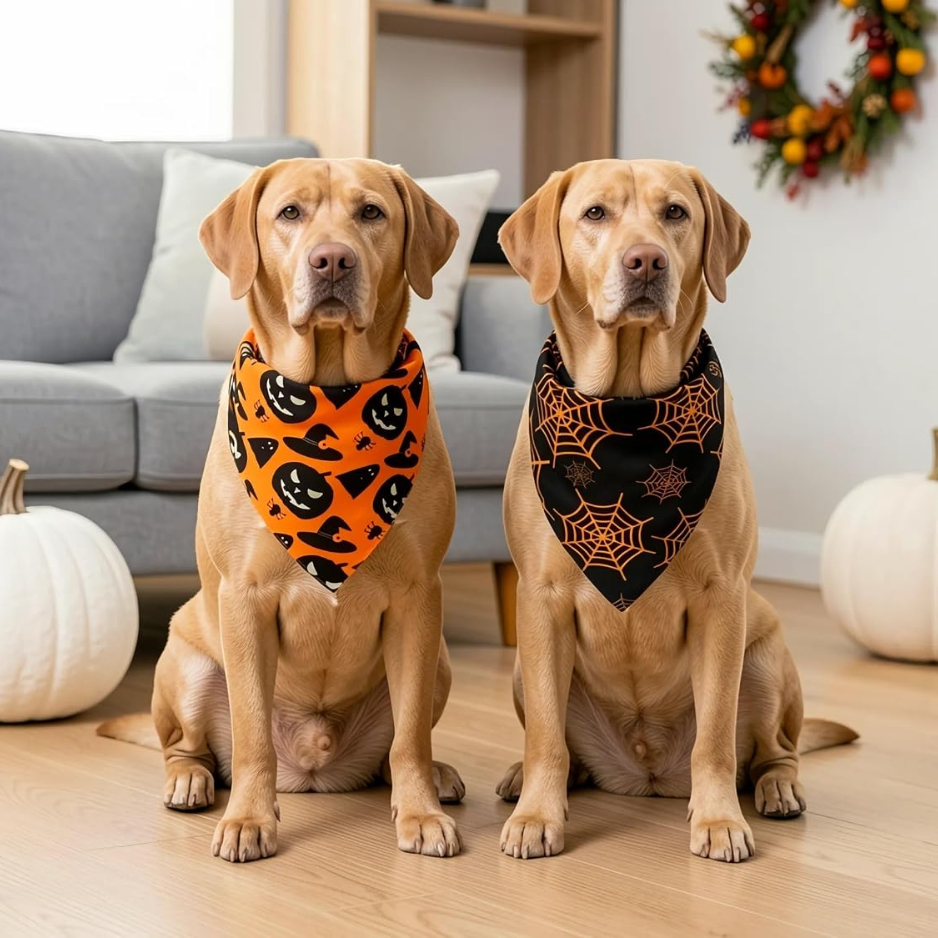 Dog Bandanas 2PCS Halloween Pumpkin Spider Web Large Dogs