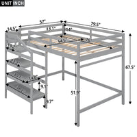 Full Size Loft Bed with Built-in Storage Staircase and Hanger for Clothes, Gray