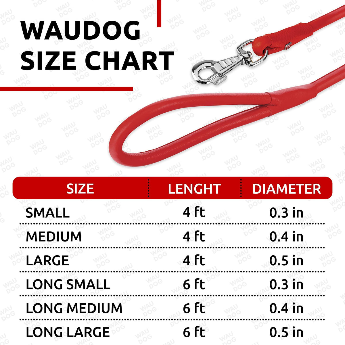 Rolled Leather Dog Leash 4 ft x 0.3 in All Sizes Red
