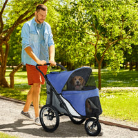3 Wheels Dog Stroller W One-Hand Fold, Rubber Wheels, Storage Bag, Soft Cushion, For Small & Medium Dogs, Blue