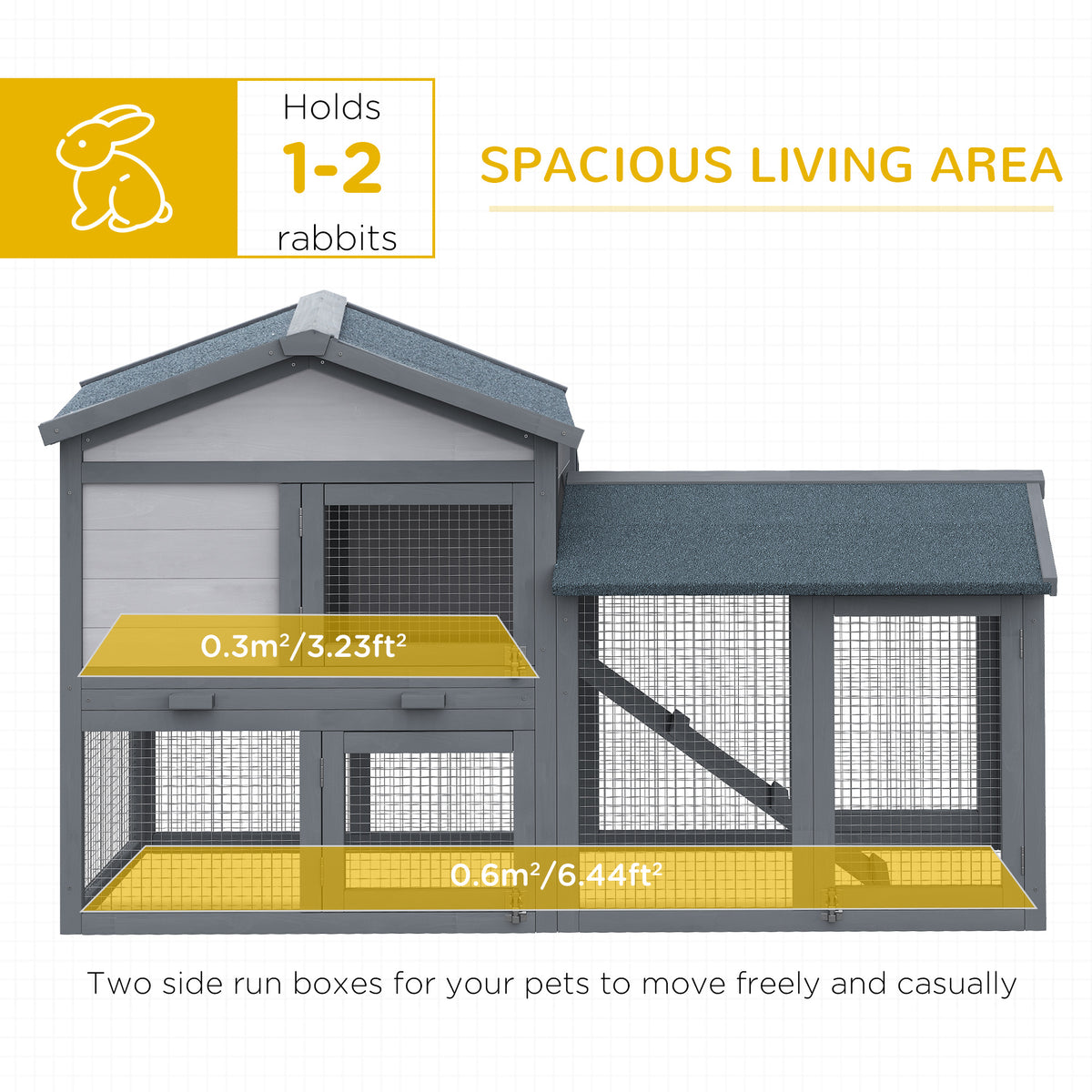 58" Large Rabbit Hutch Outdoor Indoor, Wooden Bunny Hutch, Guinea Pig Cage with Run, Removable Tray, Asphalt Roof, Locka