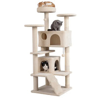 52" Tall Cat Tree Tower With Perches & Condos, Multi-Cat Playground With Scratching Posts (Beige)