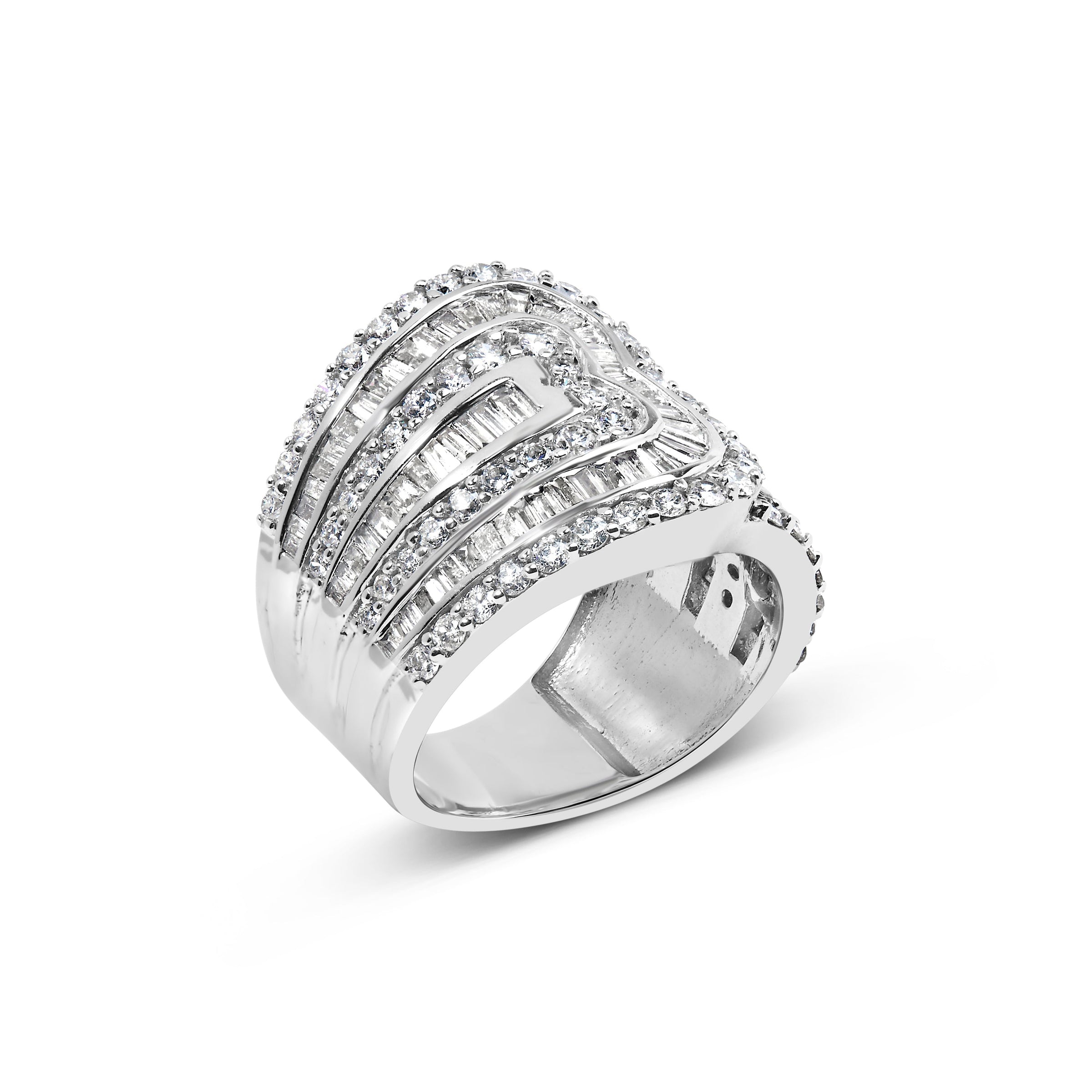 10K White Gold 2 1/2 Cttw Round and Baguette-Cut Diamond Multi-Row Bypass Ring (J-K Color, I2-I3 Clarity) - Ring Size 7