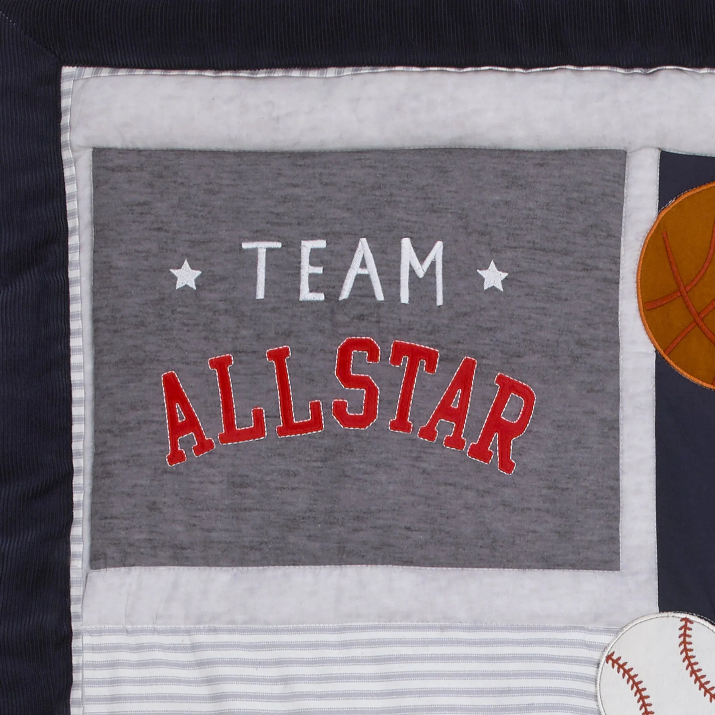 NoJo Team All Star Navy, Grey, and Light Blue, Football, Baseball, Soccer and Basketball, Fox, Raccoon and Hedgehog 4 Piece Nursery Crib Bedding Set - Comforter, 100% Cotton Fitted Crib Sheet, Crib Skirt and Storage Tote - BIG FRENCHIES