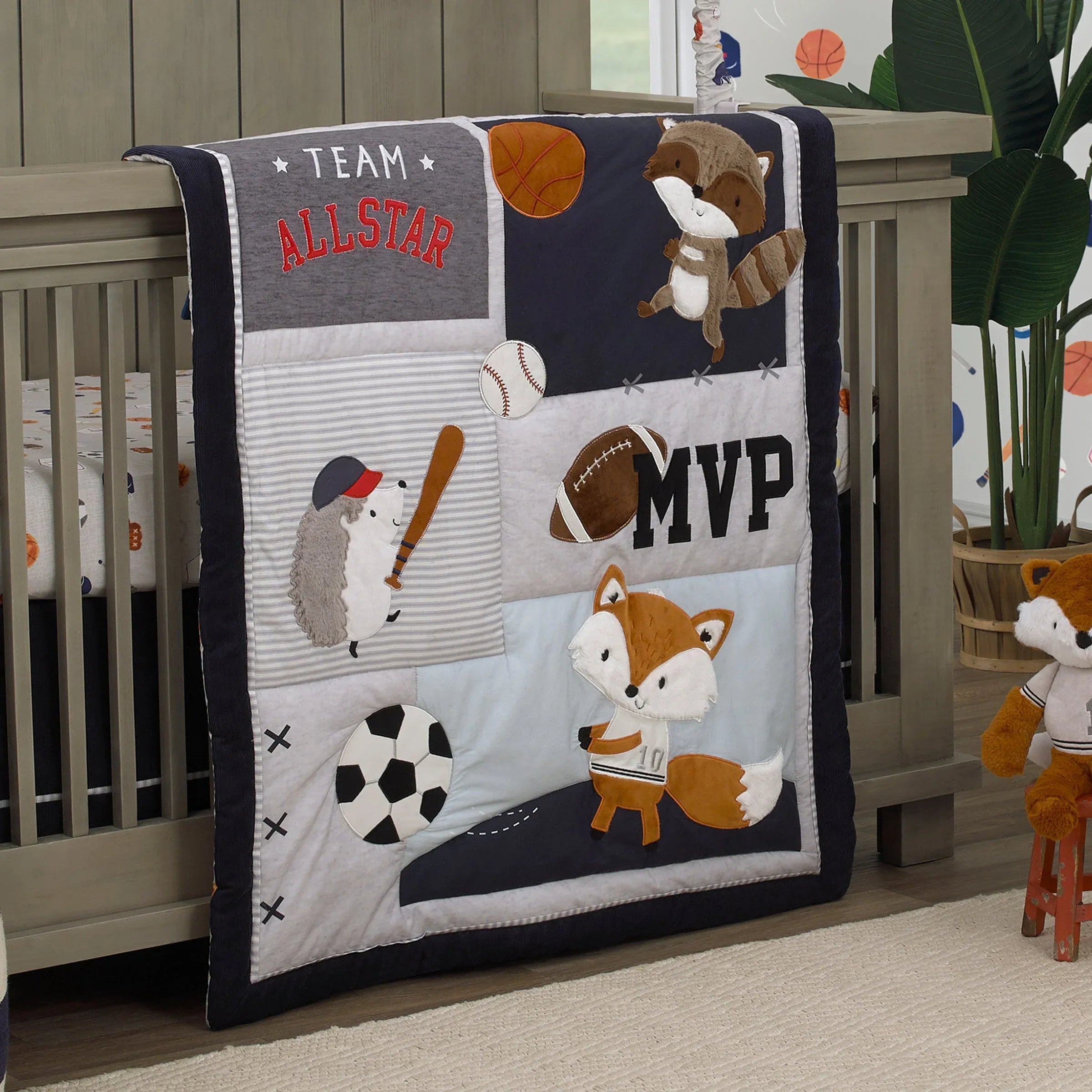 NoJo Team All Star Navy, Grey, and Light Blue, Football, Baseball, Soccer and Basketball, Fox, Raccoon and Hedgehog 4 Piece Nursery Crib Bedding Set - Comforter, 100% Cotton Fitted Crib Sheet, Crib Skirt and Storage Tote - BIG FRENCHIES