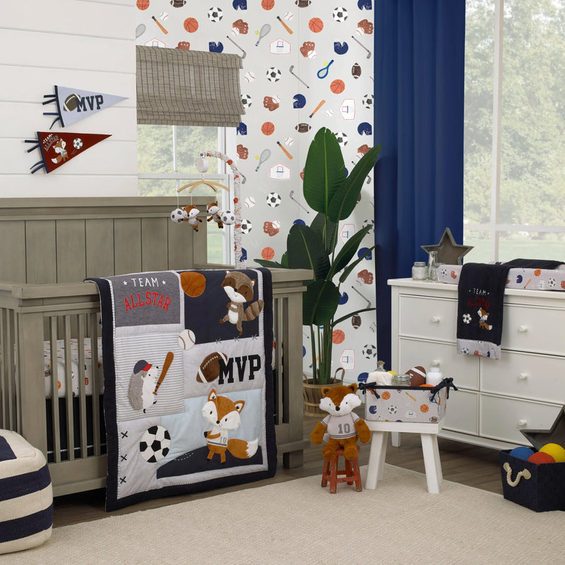 NoJo Team All Star Navy, Grey, and Light Blue, Football, Baseball, Soccer and Basketball, Fox, Raccoon and Hedgehog 4 Piece Nursery Crib Bedding Set - Comforter, 100% Cotton Fitted Crib Sheet, Crib Skirt and Storage Tote - BIG FRENCHIES