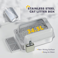 Stainless Steel Litter Box with Metal Scoop & Scoop Holder, High Sided, Anti-Urine Leakage, Non-Sticky