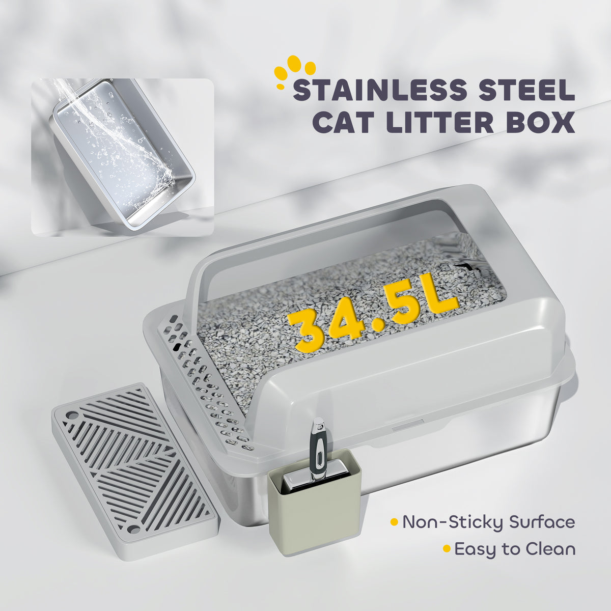 Stainless Steel Litter Box with Metal Scoop & Scoop Holder, High Sided, Anti-Urine Leakage, Non-Sticky