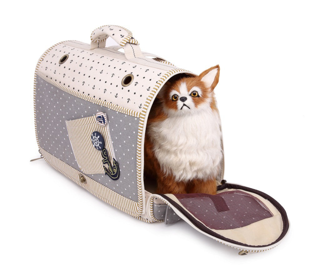 Pet Carrier Bag & Backpack – Nautical Style, Breathable Linen-Pet Carriers & Travel-BIG FRENCHIES-Jane's Pet Boutique