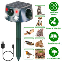 Solar & Type-C Rechargeable Animal Repeller - 3 Modes Ultrasonic+Buzzer+Vibration, IP66 Waterproof, 2200mAh Battery, Rep
