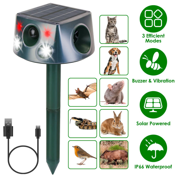 Solar & Type-C Rechargeable Animal Repeller - 3 Modes Ultrasonic+Buzzer+Vibration, IP66 Waterproof, 2200mAh Battery, Rep