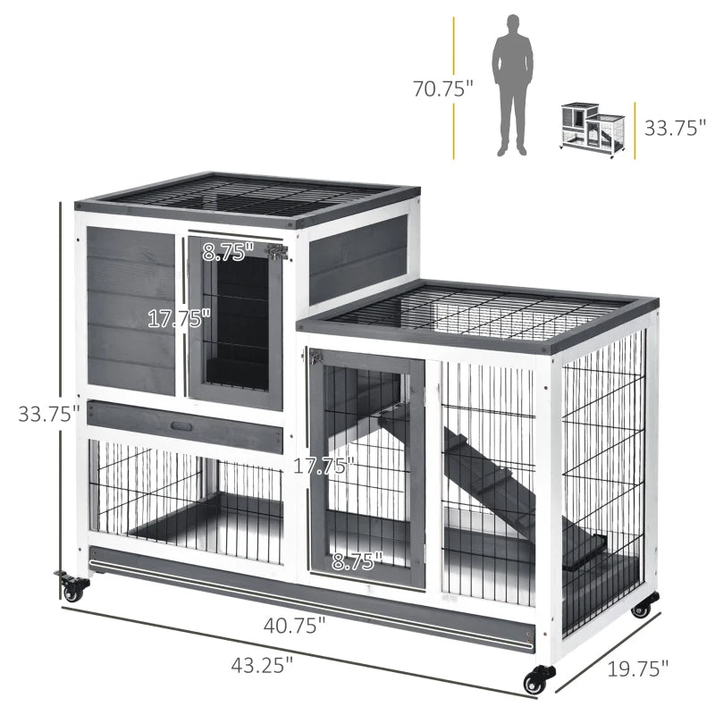 Wooden Rabbit Hutch Elevated Bunny Cage Indoor Small Animal Habitat With Enclosed Run With Wheels, Ramp, Removable Tray 