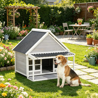 Wooden Dog House with Porch, Outdoor Weatherproof Dog House with Tilt Roof, Front Door and Windows, for Medium and Large