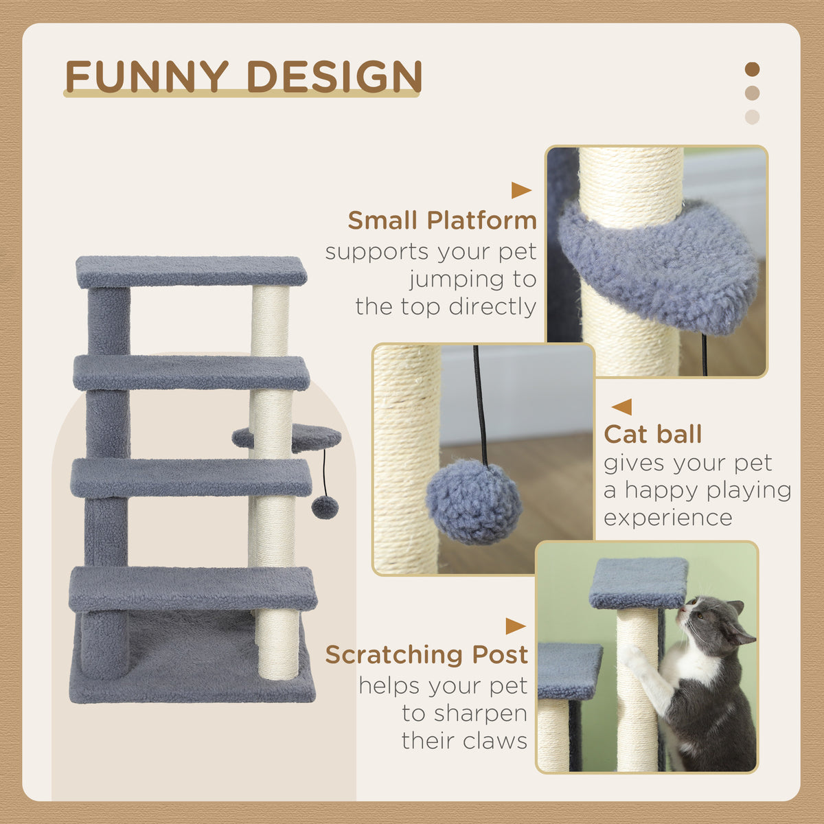4 Levels Cat Steps with Scratching Posts for High Bed, Sofa, Gray