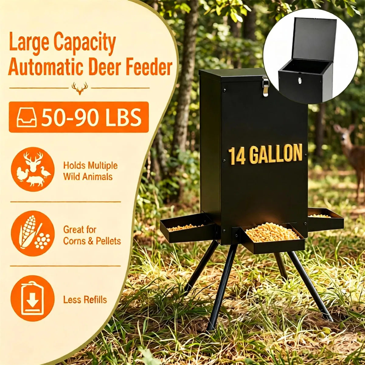 14 Gallon Gravity Deer Feeder 50-90 LBS Capacity Galvanized Coated Steel Wildlife Game Feeder with 4 Feeding Trays Locka