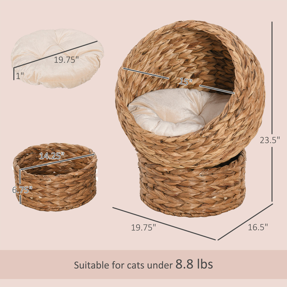Handwoven Elevated Cat Bed with Soft Cushion & Egg Chair Shape, Basket Bed Kitty House with Stand, Raised Wicker House f