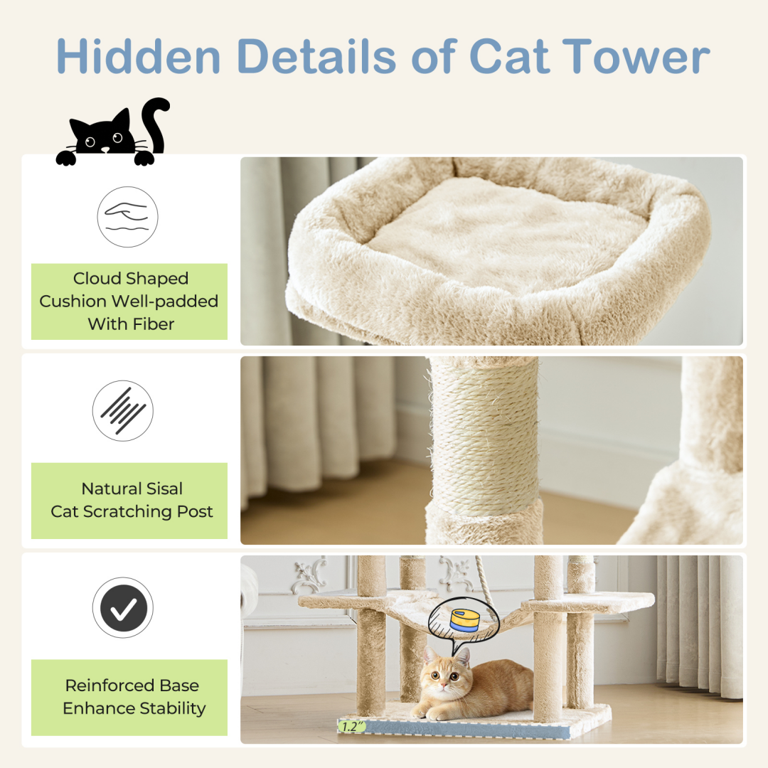 66 Inch Cat Tree Tower, Large Multi-Cat Climbing Extended Platform, Hammock, Pet House For Indoor Cats And Kittens Play