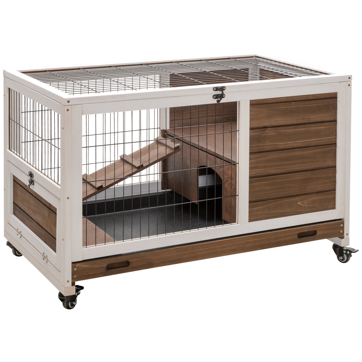 Indoor Rabbit Enclosure, On Wheels, Indoor Bunny Cage Small Animal House With Pull Out Tray Casters Ramp, 35.5 X 21 X 23