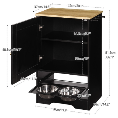 Feeding Station With 1 Storage Cabinets, Pet Feeding Station With 2 Elevated Dog Bowls, Side Hooks, Anti-tip Kit, Hidden
