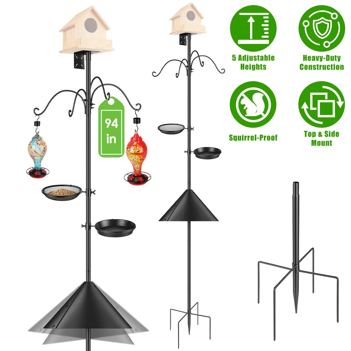94Inch Squirrel Proof Bird Feeder Pole Heavy-Duty Bird House Pole Outdoor Bird Feeding Station with 5 Adjustable Heights