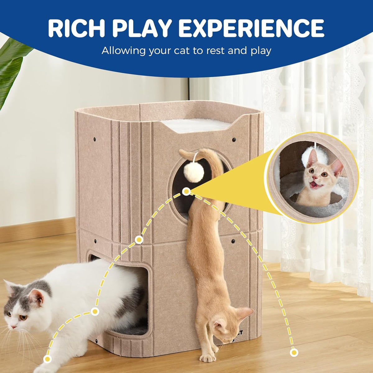ABCPET Cat House Indoor Felt Cat Bed Scratch-Resistant Kitten Cube With Hanging Ball Light Gray,Pickup Only