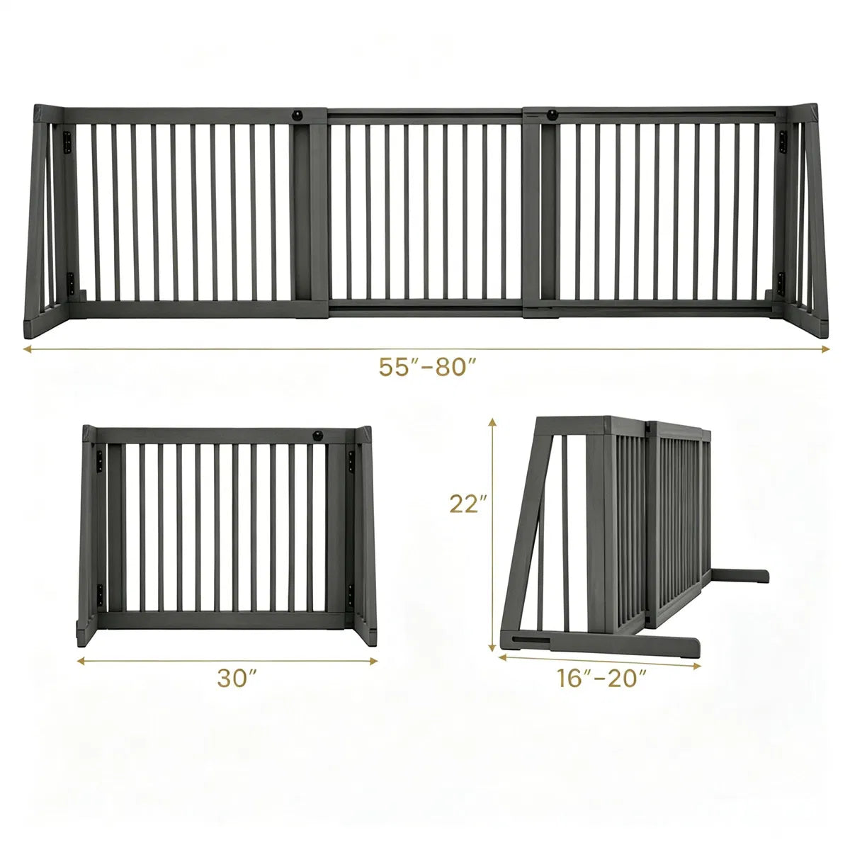 Adjustable Expandable Wooden Pet Gate 22 Inch Tall Freestanding Safety Fence, Gray Pine Wood Slide Dog Gate Easy Assembl