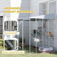 79" Galvanized Steel Large Catio with Waterproof Canopy, Sleeping Box, Jumping Platforms, for 1-3 Kittens, Silver