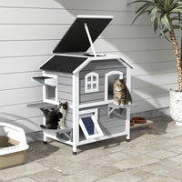 2-story Cat House Outdoor, Weatherproof Wooden Cat Enclosure for Feral Cats with Escape Door, Openable Roof, Jumping Pla