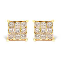 14K Yellow Gold 1 1/2 Cttw Invisible Set Princess-Cut Diamond 9 Stone Square Stud Earrings (J-K Color, SI2-I1 Clarity)